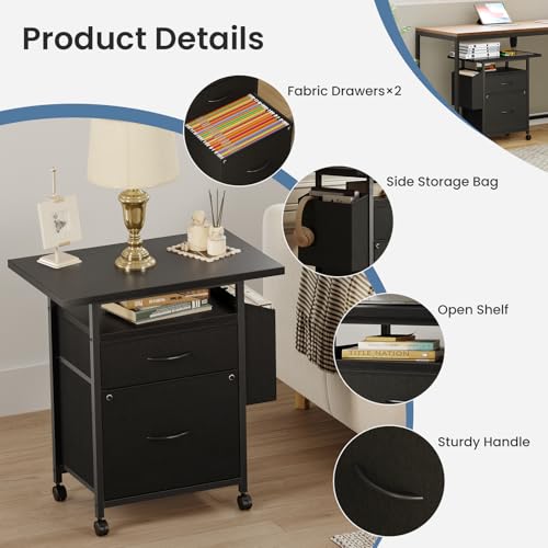 DUMOS 2 Drawer Mobile File Cabinet, Printer Stand with 24'' Wide Desktop | Fabric Drawer Cabinet Under Desk with Storage Side Bag,Rolling Printer Cart Not for Hanging Files for Home Office, Black - color: Classic Black