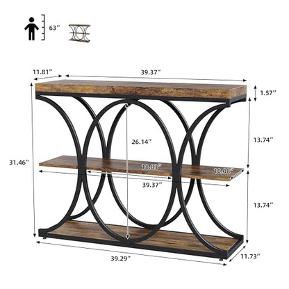 Garvee 39" Narrow Console Tables for Entryway, Industrial 3-Tier Sofa Table with Round Metal Base and Storage Shelves for Living Room, Hallway, Foyer, Retro Brown - color: Retro Brown