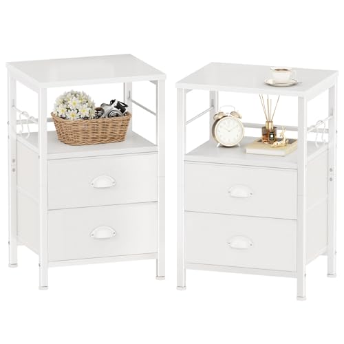 Furologee Nightstands Set of 2, End Table with 2 Fabric Drawers, Night Stand with 2 Hooks, Open Wood Shelf Bedside Table for Bedroom/Living Room/White - color: White, style: 2 pc