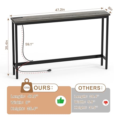 FAMIDGE Charging Console Table with Outlet 36 Inch Tall Narrow Sofa Table One-Piece Top Behind Couch Table 2 USB 2 AC for Entryway Hallway, Living Room, Gray - color: Grey