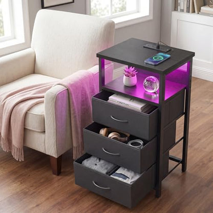 Fixwal Night Stand with 3 Fabric Storage Drawers, LED Nightstand with Charging Station, Bedside Table, Black - color: Black, size: 27.6"H (3 drawers), style: Power+Light (1pc)