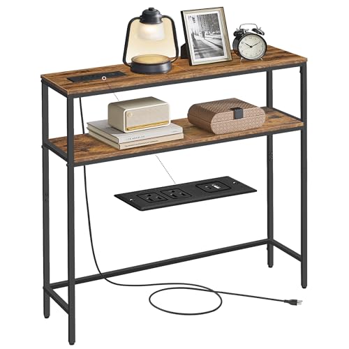VASAGLE Console Table with Power Outlet, 2-Tier Narrow Sofa Table with 2 Shelves, 7.9 x 31.5 x 31.5 Inches, for Living Room, Hallway, Entryway, Rustic Brown and Ink Black ULNT135K01 - color: Rustic Brown + Ink Black, size: 31.5"W - With Power Outlet