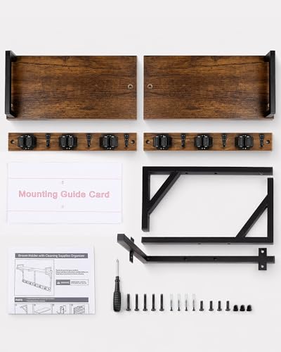 Lorbro Broom Holder Wall Mount with Cleaning Supplies Storage, Heavy Duty | 3 in 1 Broom and Mop Organizer Wall Hanging, Wooden Mop Organizer Hanger, Storage Shelves for Laundry Room, Garage - size: Large