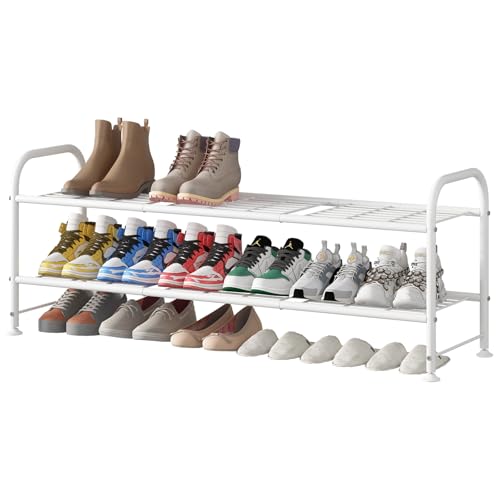 LINZINAR 2 Tier Long Shoe Rack for Closet Metal Shoe Organizer for Entryway | Spacious design stores 15+ pairs of shoes,durable metal frame,space-saving organizer for closet, hallway, and Entryway White - color: White, size: 2-Tier
