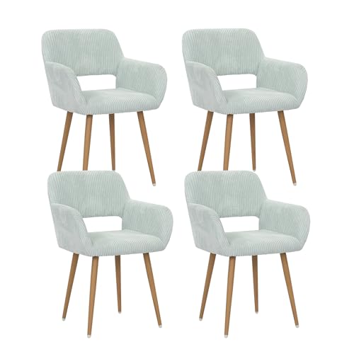KCC Small Modern Dining Room Arm Chairs for Kitchen Set of 4,Blue | Mid-Century Upholstered Corduroy Fabric Side Seat Club Guest with Metal Tube Legs - color: Blue+corduroy Fabric, size: Set of 4