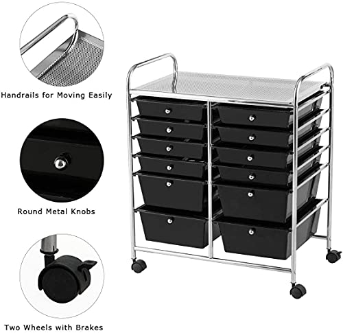 FANTASK 12-Drawer Rolling Storage Cart, Multipurpose Organizer Utility Trolley on Wheels, Tools Scrapbook Paper Organizer for School, Office, Home, Beauty Salon (Black)