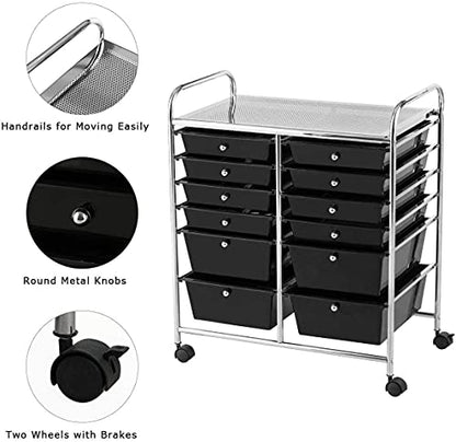 FANTASK 12-Drawer Rolling Storage Cart, Multipurpose Organizer Utility Trolley on Wheels, Tools Scrapbook Paper Organizer for School, Office, Home, Beauty Salon (Black)