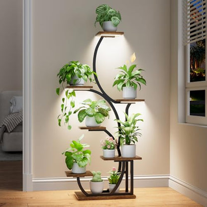 Plant Stand Indoor with Grow Lights, 7 Tier Lighted Corner Plant Shelf, 57" | Tall Plant Stands with Full Spectrum Light for Growing, Metal S-Shaped Flower Display Holder for Home, Office, Black