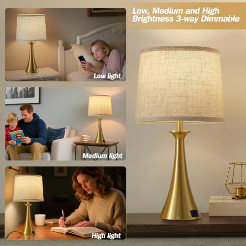 Touch Lamp for Living Room Bedroom, 21" Table Lamps Set of 2 with USB C+A Ports, Touch Bedside Lamps for Nightstand with 3 Way Dimmable, 2 LED Bulbs Included, Gold - color: Gold 2pcs