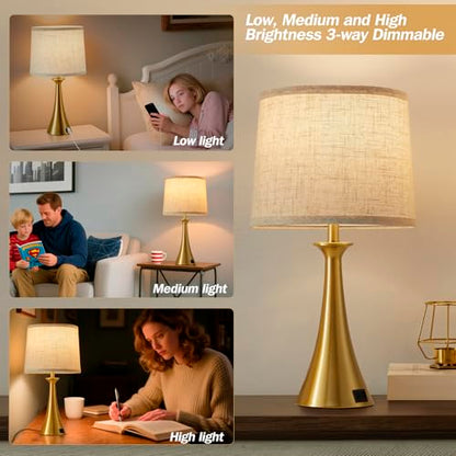 Touch Lamp for Living Room Bedroom, 21" Table Lamps Set of 2 with USB C+A Ports, Touch Bedside Lamps for Nightstand with 3 Way Dimmable, 2 LED Bulbs Included, Gold - color: Gold 2pcs
