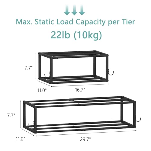 2 Pack 2-Tier Hanging Wall Mounted Shoe Rack, Space Saving Metal Expandable Shoe Rack Holds 12 Pairs, 16“-29” Adjustable Shoe Rack with 4 Hooks, Shoe Rack for Entryway Closet Door - size: 29.72" W x 11" L x 7.68" H