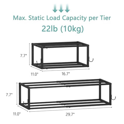2 Pack 2-Tier Hanging Wall Mounted Shoe Rack, Space Saving Metal Expandable Shoe Rack Holds 12 Pairs, 16“-29” Adjustable Shoe Rack with 4 Hooks, Shoe Rack for Entryway Closet Door - size: 29.72" W x 11" L x 7.68" H