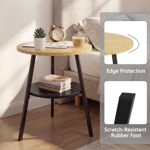 Small Round Side Table, End Tables Living Room, Oak | 2-Tier Side Table with Storage Shelf for Small Spaces, Bedside Accent Table for Living Room, Bedroom, Metal Frame & Wood Top - color: Oak