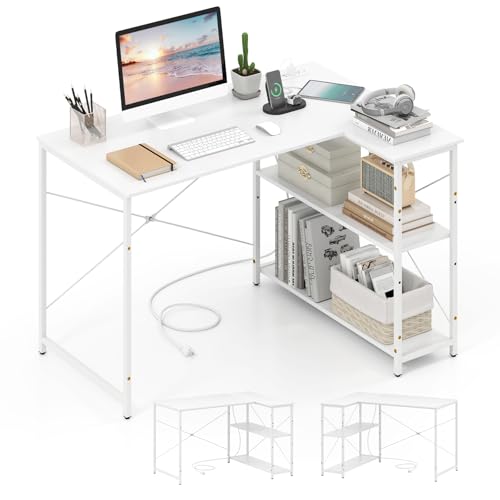 Tangkula L-Shaped Computer Desk with Power Outlets, USB & Type C Charging Port, Reversible Corner Desk with Adjustable Shelf, Heavy-Duty Metal Frame, Study Writing Table for Home Office - color: White