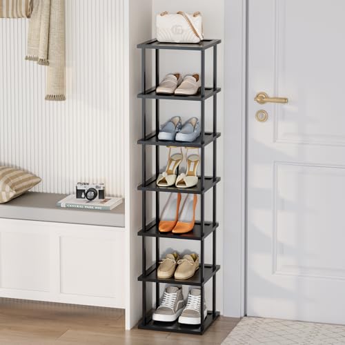 Vertical Tall Shoe Rack Organizer for Entryway -7 Tier Free Standing Slim Narrow Bamboo Wood Corner Stackable Shoe Boots Storage Stand Small Spaces for Closet Garage Cloakroom Living Room (Black) - color: Black, size: 7 Tier