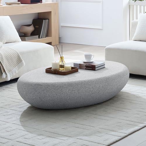 55.12" Faux Stone Coffee Table Modern Unique Coffee Table Oval Rock Center Tables Round Edge Design Fiberglass Concrete Accent Tables for Living Room Office Apartment No Assembly, Cement - color: Fiberglass Oval-cement