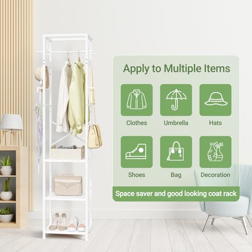 ELYKEN Coat Rack Freestanding, Hall Tree with 3 Storage Shelves and 12 Hooks, Industrial Clothes Rack Stand Organizer for Bedroom, Hallway, Entryway, Office, Living Room, White - color: White