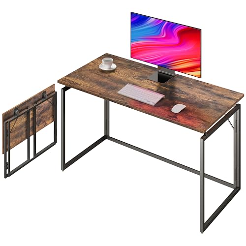 31.5" Folding Desk: No Assembly, Wood Top for Small Spaces | Home office desk, holds 150 lbs, folds flat to 2.3 in, splash-proof wood top, sturdy metal frame - color: Rustic Brown, size: 31.5"W x 15.7"D