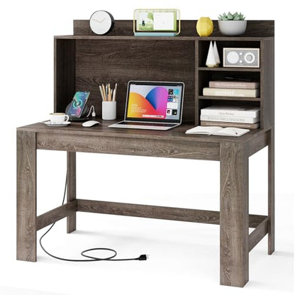 Tangkula Computer Desk with Hutch & Charging Station, Home Office Writing Study Desk with Storage Shelves, Cable Management Hole, Laptop Desk, Desk for Bedroom, Computer Workstation (Gray Oak) - color: Gray Oak