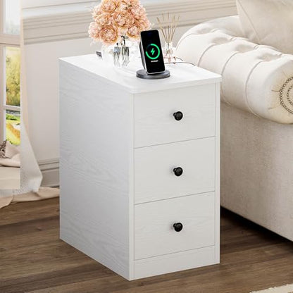 LIKIMIO Nightstand with Charging Station, 3 Drawers Modern for Bedroom - color: White