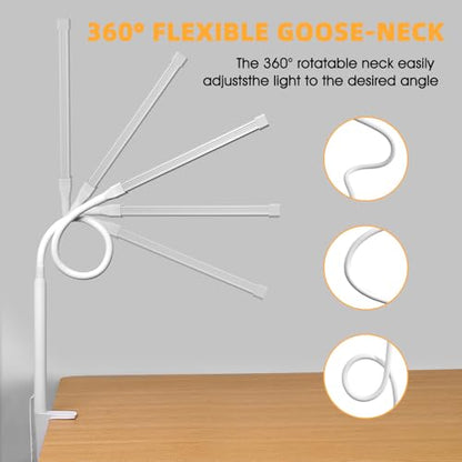 Voncerus LED Desk Lamp with Clamp, Eye-Caring Clip on Lights for Home Office, 3 Modes 10 Brightness, Long Flexible Goose-Neck, Metal, Swing Arm Architect Task Table Lamps with USB Adapter, White - color: S1 White and Silver