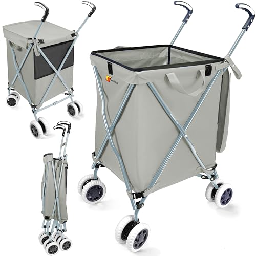 Wellmax Folding Shopping Cart with Canvas Bag & Cover, Holds 120 lb, Gray | 360 Swivel Wheels, Lightweight Foldable Utility Cart, 24 Gallon Capacity, for Groceries, Laundry & Seniors, Rolling Cart - color: Gray