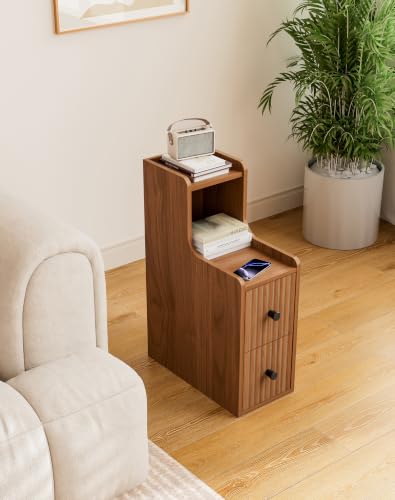 Narrow Side Table with 2 Drawers, Mid Century Modern Slim Night Stand with Storage, Wooden End Table for Small Spaces, Bedroom, Living Room（No Charging Station）