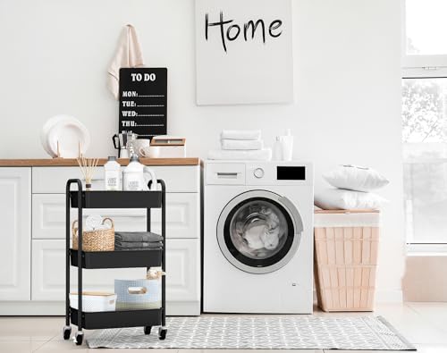 3-Tier Rolling Metal Storage Organizer - Mobile Utility Cart, Kitchen Cart with Caster Wheels (Black) - color: Black