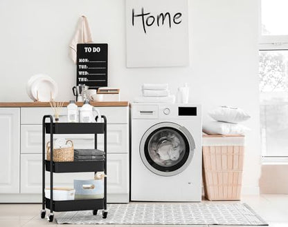 3-Tier Rolling Metal Storage Organizer - Mobile Utility Cart, Kitchen Cart with Caster Wheels (Black) - color: Black