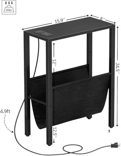Narrow End Table with Charging Station, Narrow Nightstand with USB Ports & Outlet, Slim Sofa Side Table, Black End Table, Small Side Table for Small Spaces, Living Room, Bedroom, Black - color: Black