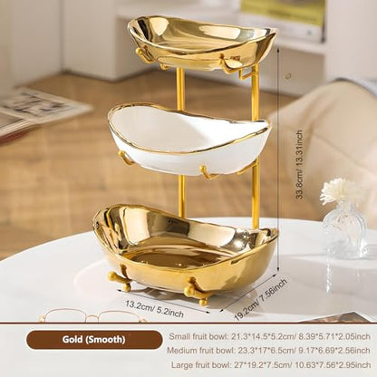 YYW 3 Tier Fruit Bowl for Kitchen Counter, White Gold Silver Ceramic Fruit Stand for Countertop, Home Fruit Rack with Metal Holder, Vegetable Snacks Nuts Bread Candy Storage (Gold (Smooth)) - color: Gold (Smooth)