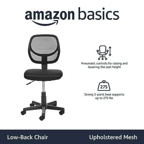 Amazon Basics Low Back Office Chair, Breathable Mesh, Height Adjustable, Padded Seat, Rolling Wheels, Swivel, Back Support, Sturdy, 21.25" D x 22.5" W x 38" H, Black - color: Black
