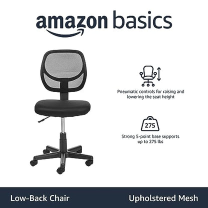 Amazon Basics Low Back Office Chair, Breathable Mesh, Height Adjustable, Padded Seat, Rolling Wheels, Swivel, Back Support, Sturdy, 21.25" D x 22.5" W x 38" H, Black - color: Black