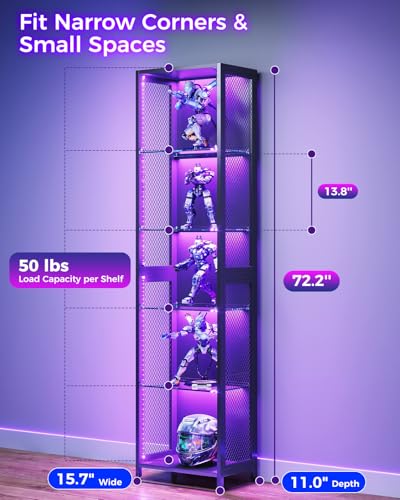 AODK 72" Tall Display Case with LED Lights, Corner Display Cabinet with Open Glass Shelves, 5-Tier Display Shelf with Industrial Mesh Sides, Curio Cabinet Shelf for Collectibles - size: 72 Inch
