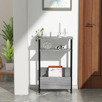 THUMEYE 7.1" Narrow Side Table for Small Spaces, 3 Tier Small End Table with Magazine Holder, Slim/Skinny Nightstand/Bedside Table for Living Room, Bedroom, 15.4" L x 24.2" H, Gray - color: Grey