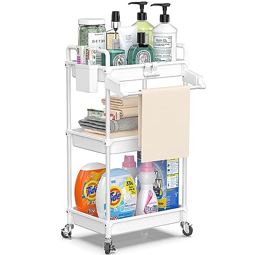 SPACEKEEPER Rolling Storage Cart, 3 Tier Utility Cart Laundry Room Organization Mobile Shelving Unit Bathroom Organizer with Towel Rack, Lockable Wheel, Hooks & Cup for Kitchen Office, White - color: White, size: 3-Tier