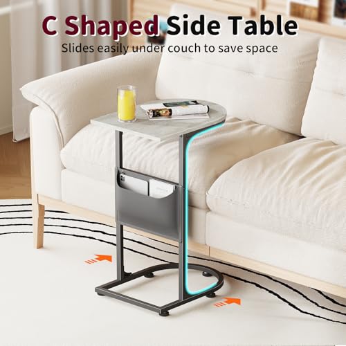 C Shaped End Table, Slide Under Small Side Table for Couch & Small Spaces | Wobble-Free C Table For Sofa, Greige, Storage Bag, Sturdy Metal Frame, Wood Top, Living Room & Bedroom, 15-Min Quick Assembly - color: Classic Greige