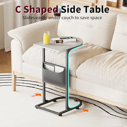 C Shaped End Table, Slide Under Small Side Table for Couch & Small Spaces | Wobble-Free C Table For Sofa, Greige, Storage Bag, Sturdy Metal Frame, Wood Top, Living Room & Bedroom, 15-Min Quick Assembly - color: Classic Greige