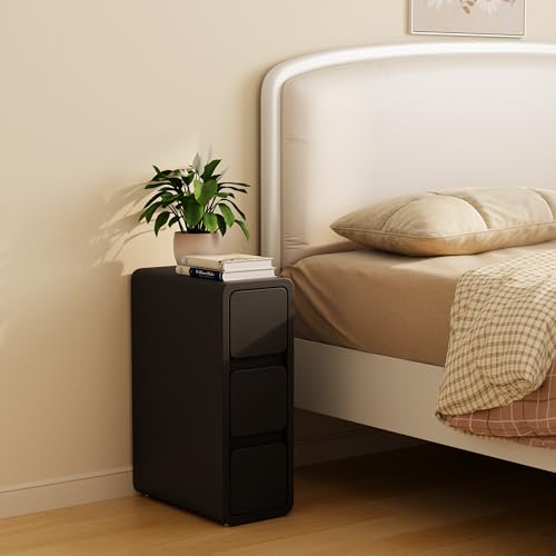 AQIMUELE Narrow Bedside Table,Narrow Night Stand with Drawers,Small Night Stand with Leather Surface for Bedroom - color: Black (3 Drawers), size: 7.9"W
