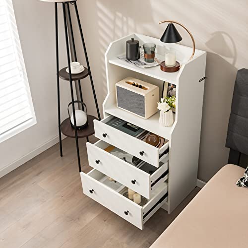 Moccha 3 Drawers Dresser with Shelf, Modern Dresser Tower with 2 Open Shelves, Chest of Drawers with Anti-toppling Device, Tall Storage Dresser Nightstand for Closet, Living Room, White - color: White