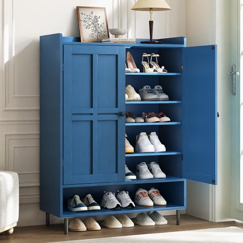 ComfyCorner Blue 7+1 Tier Farmhouse Shoe Storage Cabinet - 45" Tall Entryway Organizer with Cross Molding Doors, 3 Adjustable Shelves & Metal Legs, Shoe Rack for Front Door Entrance - color: Blue