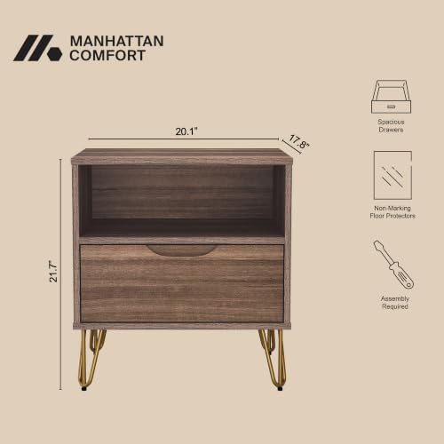 Manhattan Comfort Avira 20 Inch Nightstand with Drawer and Shelf, Mid Century Modern Bedroom Stand with Storage, Compact Side End Table with Metal Legs, Brown - color: Brown