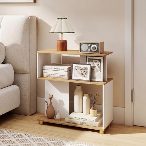 GOFLAME 3-Tier Geometric Bookcase, S-Shaped Bookshelf with 2 Open Back Compartments, Modern Display Rack, Narrow Compact Side End Table Nightstand for Living Room, Home Office (1,White & Natural) - color: White & Natural