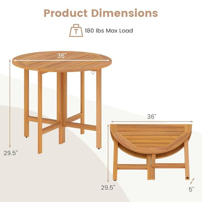 Tangkula 36 Inches Outdoor Folding Round Dining Table, No Assembly Patio Acacia Wood Bistro Table with Slatted Tabletop, 4-Person Outside Dining Furniture for Backyard, Porch, Balcony - size: 36"