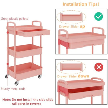 Calmootey 3-Tier Rolling Utility Cart with Drawer,Multifunctional Storage Organizer with Plastic Shelf & Metal Wheel,Storage Cart for Kitchen,Bathroom,Living Room,Office,Pink | Space-Saving Organizer, Sturdy Plastic Shelves, Smooth-Rolling Metal Wheels, B