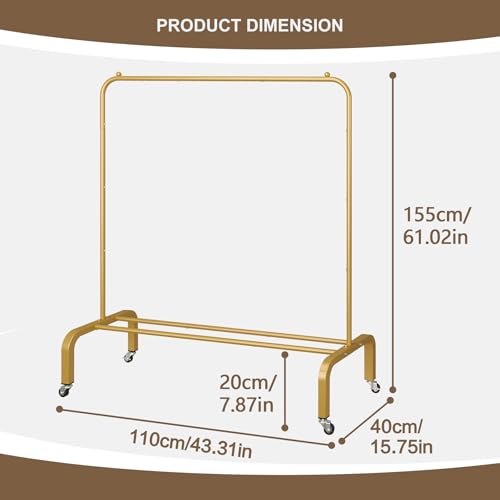 Metal Clothing Rack with Wheels 43.3 Inches Rolling Clothes Garment Coat Rack with Bottom Shelf Clothing Rack for Hanging Clothes Coats Skirts Shirts Sweaters Gold - color: Gold, size: 43.3"W x 15.75"D x 61"H with wheels