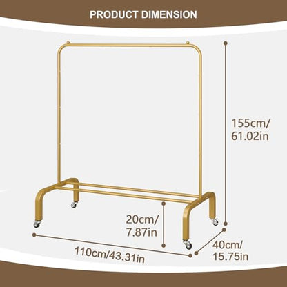 Metal Clothing Rack with Wheels 43.3 Inches Rolling Clothes Garment Coat Rack with Bottom Shelf Clothing Rack for Hanging Clothes Coats Skirts Shirts Sweaters Gold - color: Gold, size: 43.3"W x 15.75"D x 61"H with wheels