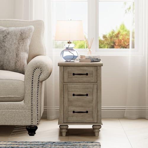 WAMPAT Gray End Table with Charging Station, Wooden Side Table with 1 Drawer &1 Storage Cabinet, Mid Century Modern Nightstand with Power Outlets & USB Ports for Living Room, Bedroom - color: Grey