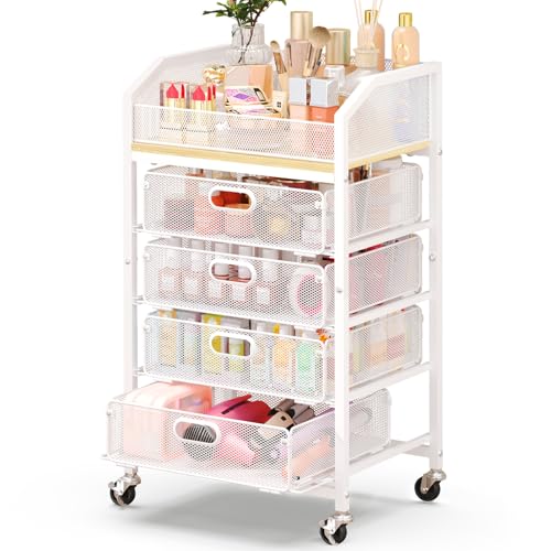 Goovilla Rolling Makeup Organizer Cart with Drawers, 5 Tier Metal Floor Skincare Vanity Organizers with Lockable Wheels, Make Up Storage Cart for Cosmetics Display, Nail Polish, Perfume, White - color: White