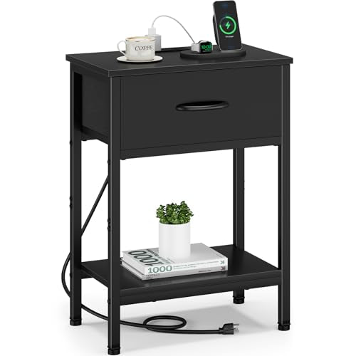 Vagusicc Black Nightstand with Charging Station, End Table with Fabric Drawer, Small Side Table with 2-Tier Storage Shelves, 25.4" Tall Bedside Table, Black Night Stand for Bedroom, Living Room, Dorm - color: Black (1 Pack)